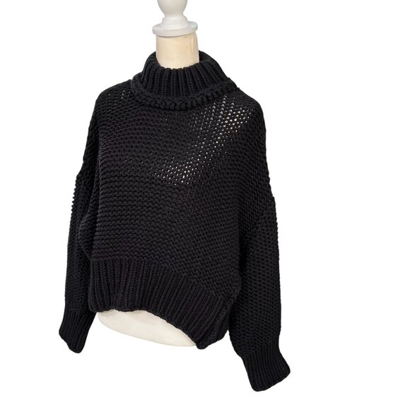 Free People My Only Sunshine Chunky Knit Oversized Mock Neck Sweater Black Sz L - Picture 3 of 8